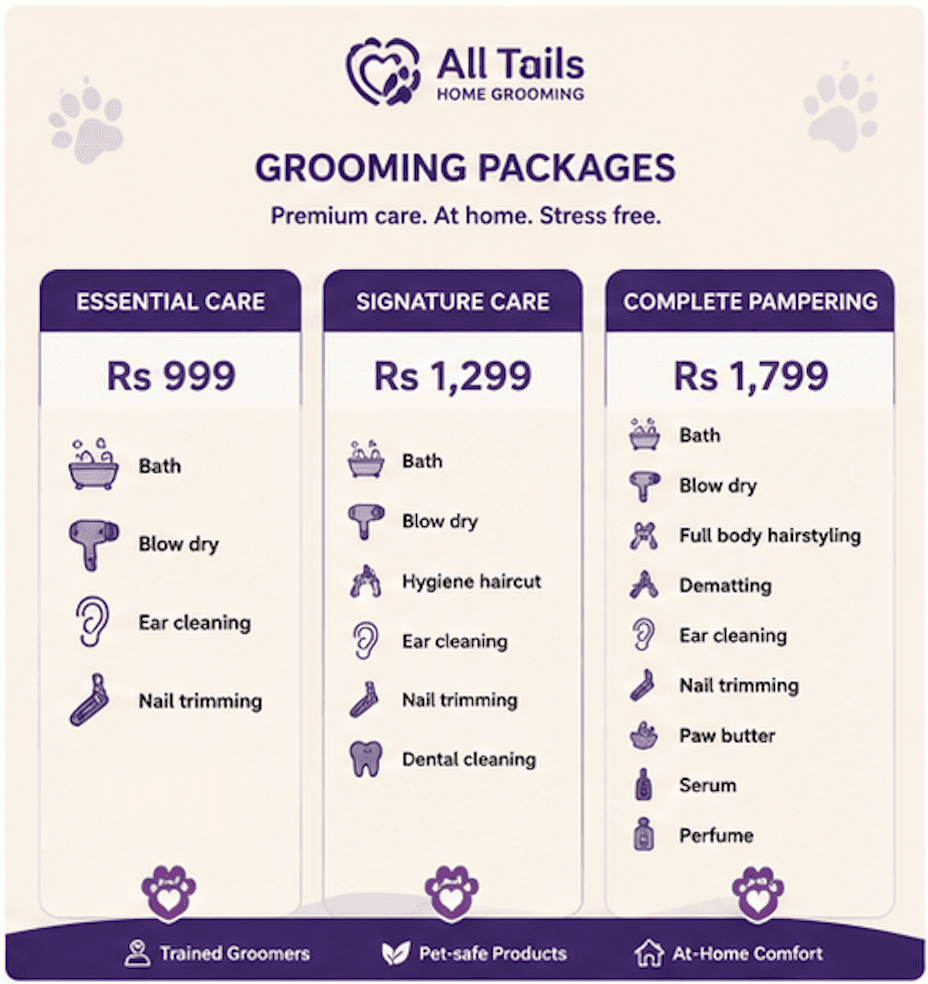 All Tails grooming package prices: Essential Care, Signature Care, Complete Pampering