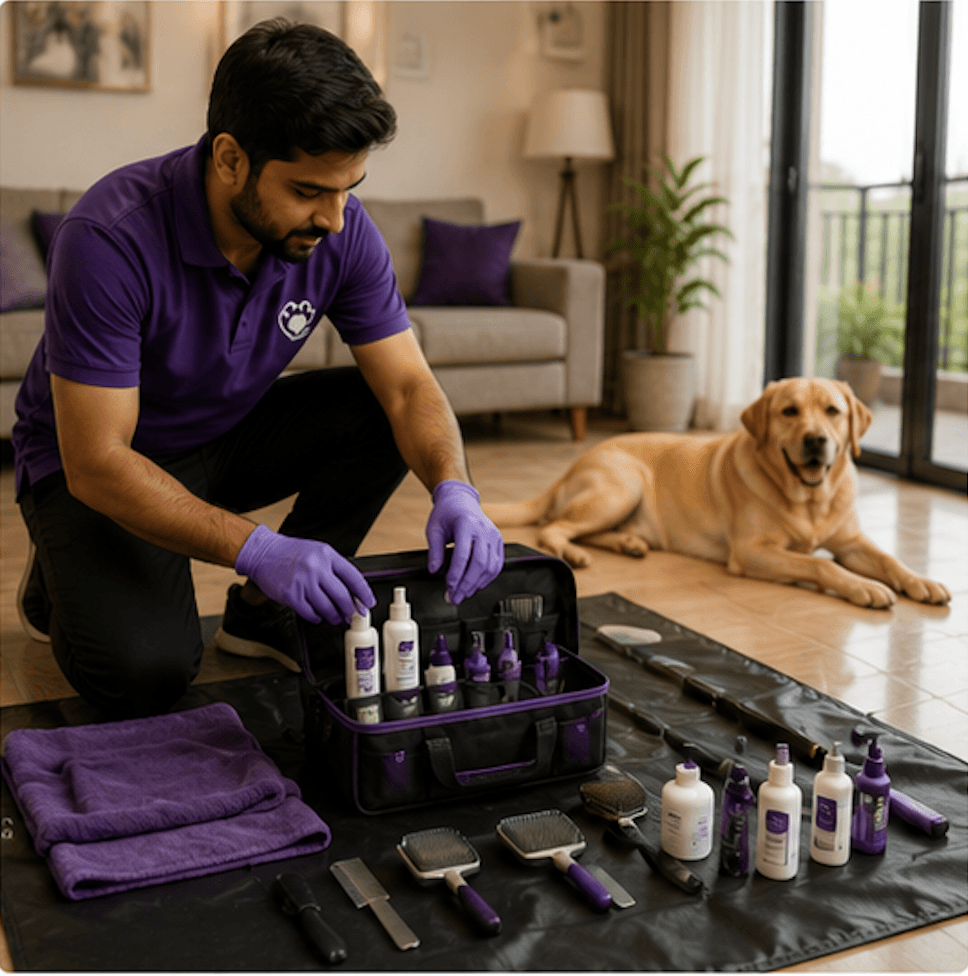 At-home pet grooming setup with portable grooming kit and waterproof mats