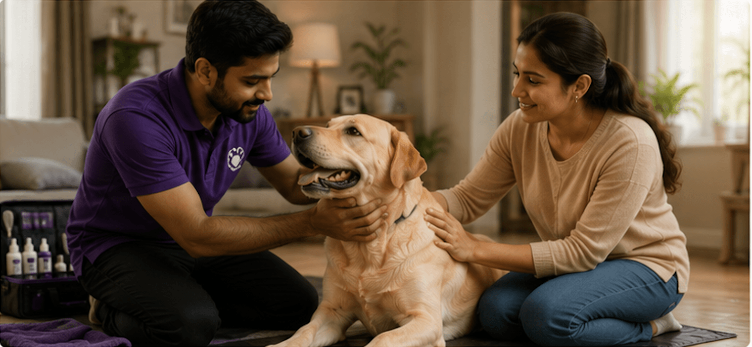 Calm dog with All Tails grooming kit at home