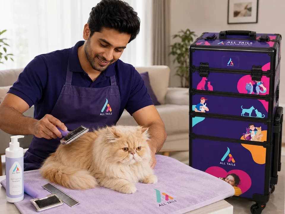 All Tails groomer calmly brushing a Persian cat at home in Ludhiana