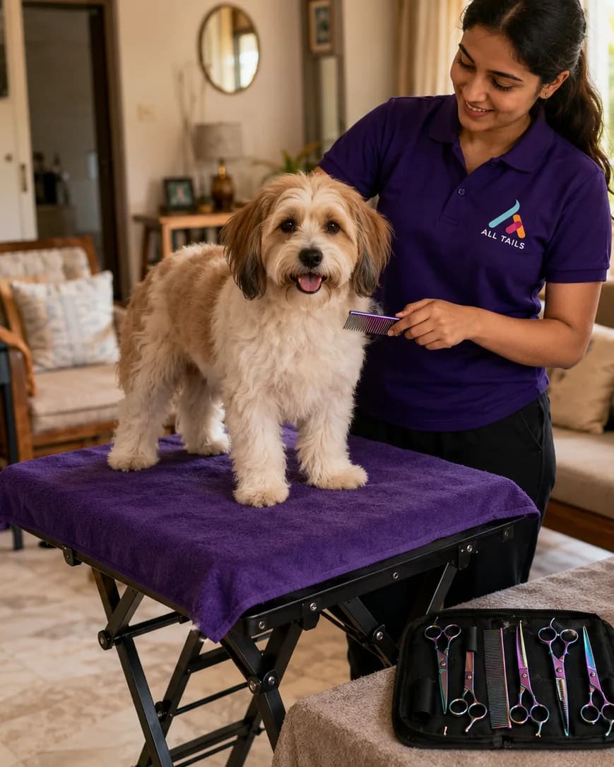 All Tails groomer brushing a happy dog at home