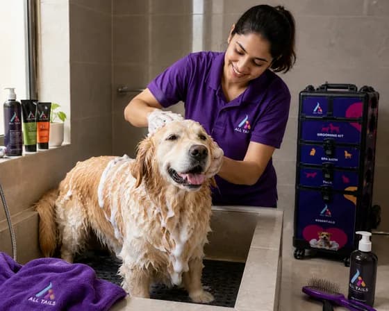 Relaxed dog enjoying a foamy bath with an All Tails groomer