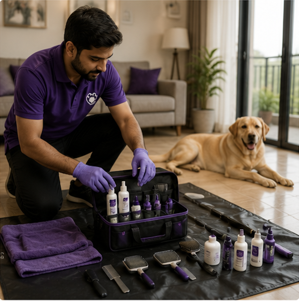 At-home pet grooming setup with portable grooming kit and waterproof mats